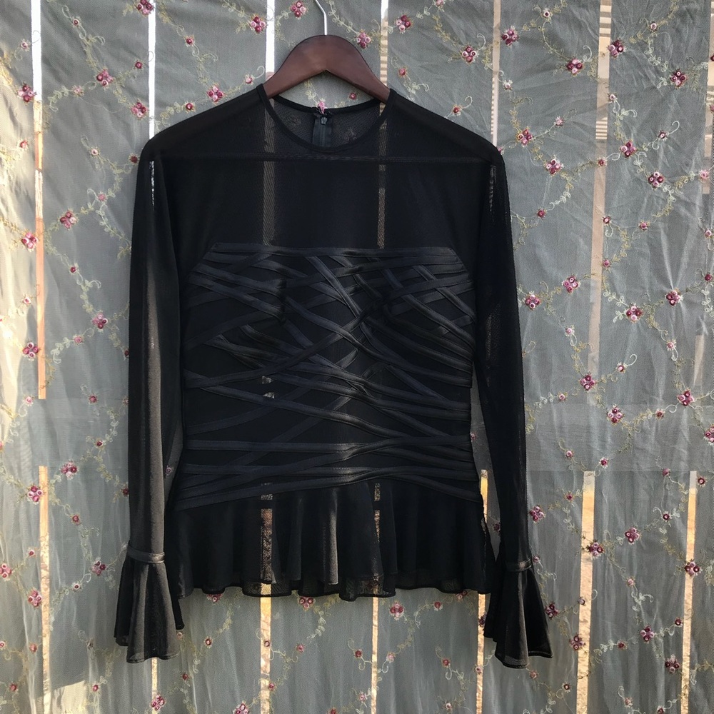 [SOLD]Edgy black peplum mesh top with criss cross